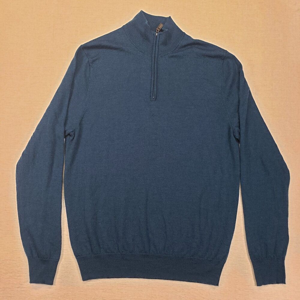 Jos A Bank Traveler Mens XL Quarter Zip Sweater Blue Merino Wool Tailored Fit